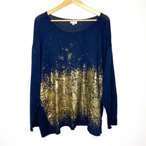 Avenue Black & Gold Foil Metallic Long Sleeve Pullover Top Women's bust size 48”